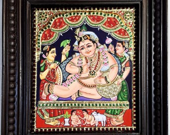 Pintura de Krishna Tanjore: lámina de oro de 22 quilates, cristales de imitación y marco de madera de teca.