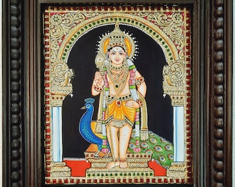 Tanjore Painting Subramanya Swamy with Frame 22K Gold Foils Made Teakwood Framed Indian Gift Custom Size Painting / Made to Order