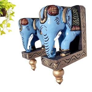 Hand-Carved Elephant Wall Bracket Pair | Vintage Decor Corbels | 10&quot; Wooden Statue | Home & Garden Entryway Art | Set of 2