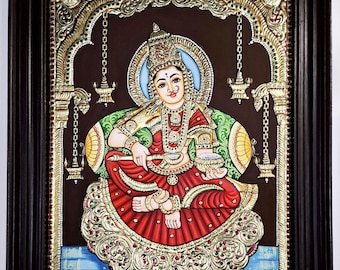 Large Annapoorani Tanjore Painting | 22K Gold Foil | Teakwood Frame | Handmade Indian Art | Custom Size | Made to Order | Hindu Goddess Gift