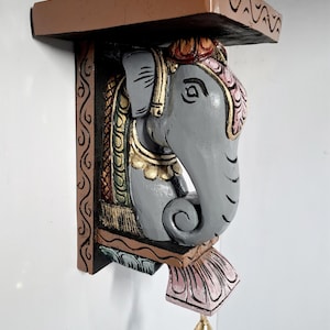 Hand Carved Wooden Elephant Wall Shelf: Indian Pooja Room Decor