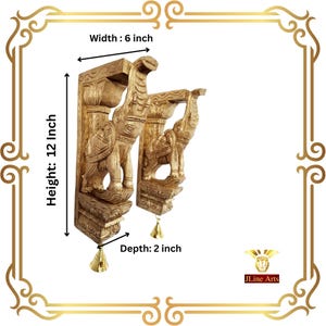 Wooden Elephant Corbel Pair Wall Bracket with Brass Bells, Color Brass Gold Finish, Door Entrance Wall Hanging, 12 Inch, Fast Shipping