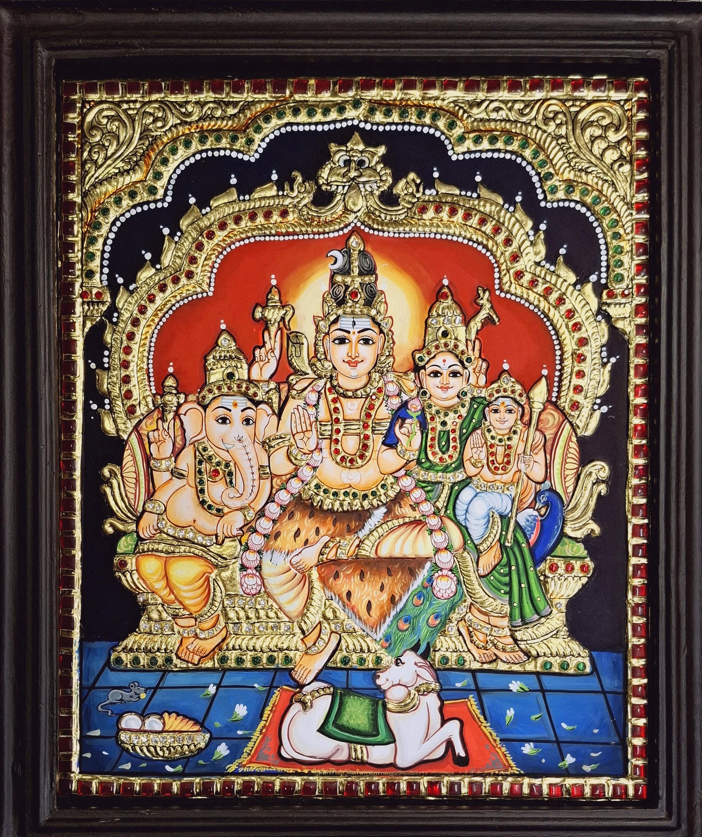 Shiva Family Tanjore Painting: 22K Gold Foils, Teakwood Frame - Etsy