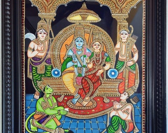 Tanjore Painting Ram Darbar with Frame 22K Gold Foils Made Teakwood Framed Indian Gift Custom Size Painting / Made to Order