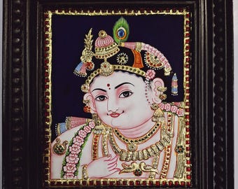 Pintura de Krishna Tanjore: láminas de oro de 22 quilates, marco de madera de teca