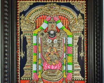 Balaji with Lakshmi Tanjore Painting with Frame 22K Gold Foils Made Teakwood Framed Indian Gift Custom Size Painting / Made to Order