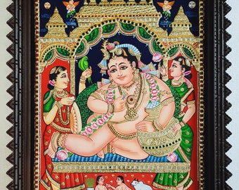 28" x 22 " Butter Krishna Tanjore Painting with Frame, Large Painting, 22K Original Gold Foils, Indian Art, Framed Painting, Free Shipping