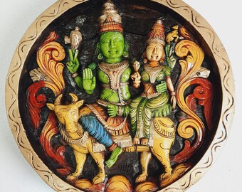 Wooden Wall Panel Shiva Parvathi Multi-Color South Indian Wood Carving Hand Carved 16 Inches Ready to Ship