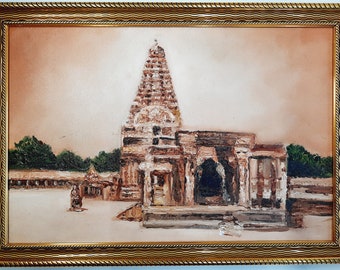 Oil Hand Painting Tanjore Temple Hand Painted on Canvas Texture Palette Knife Paintings 20 x 14 inch With Framed Hanging Wall Décor