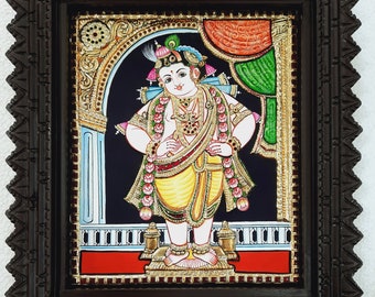 krishna Tanjore Painting with Frame 22K Gold Foils Shiny Crystal Rhinestones Indian Artwork Gift  Pooja Room Ready to Ship Global Shipping