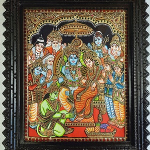 Ram Darbar Tanjore Painting with Frame 22K Gold Foils Made Teakwood Framed Indian Gift Custom Size Painting / Made to Order