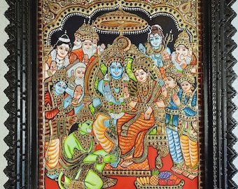 Ram Darbar Tanjore Painting with Frame 22K Gold Foils Made Teakwood Framed Indian Gift Custom Size Painting / Made to Order