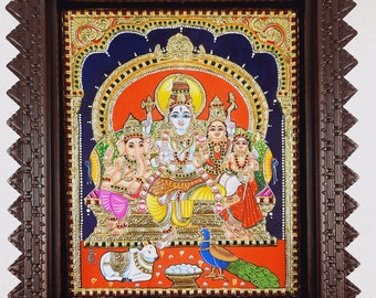 18" x 15" Shiva Family Tanjore Painting,  22K Gold Foils, Teakwood Framed Pooja Room Décor, Indian Artwork, Gift Size, Free Shipping USA UK