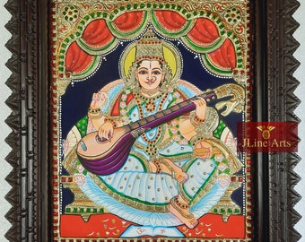 Saraswathi Tanjore Painting with Teak Wood Frame 18x15 inches 22K Gold Foil Shiny Rhinestones Indian Artwork Gift Size Ready Fast Shipping