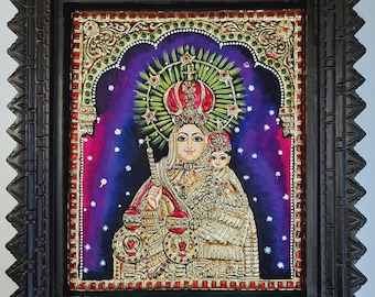 Velankanni Mary Tanjore Painting 22K Gold Foils High Quality Teakwood Framed Crystal Rhinestones Christian Gift Ready to Ship