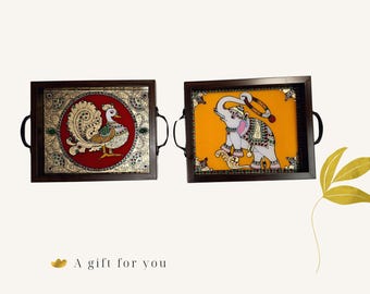 Tanjore Tablett Set: Elefant & Pfau Design, 28 x 23 cm