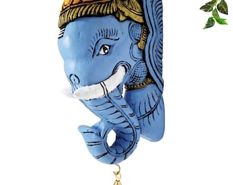 Wooden Elephant Head Wall Hanging, Hand Carved Blue Elephant Decor, Solid Wood Wall Art