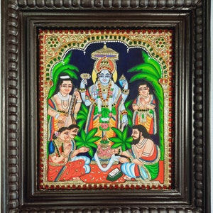 Satyanarayana Tanjore Painting with Frame 22K Gold Foils Teakwood Framed Painting Housewarming Gift Pooja Room Décor Ready to Ship Mani TeakFrame