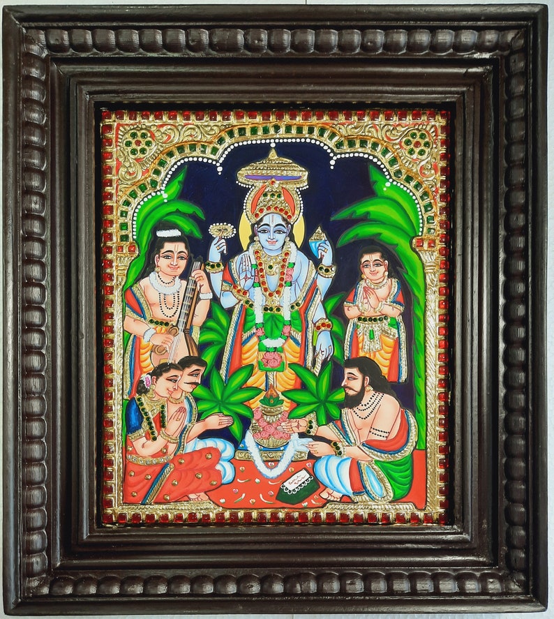 Satyanarayana Tanjore Painting with Frame 22K Gold Foils Teakwood Framed Painting Housewarming Gift Pooja Room Décor Ready to Ship Mani TeakFrame