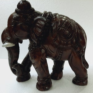 Hand Carved Wooden Elephant Statue: Solid Wood Gaja Sculpture (12&quot;x13.5&quot;x5&quot;)