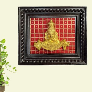 13x11 Inch Brass Tirupati Balaji Bust Wall Art - Pure Silk Teakwood Framed Hindu Decor - Home Altar & Pooja Room Hanging - Ready to Ship