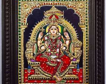 Raja Rajeshwari Tanjore Painting: 22K Gold Foils, Teakwood Frame