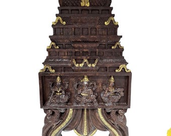 Pannello da parete in legno Lakshmi Ganesha Saraswathi da 24 pollici / Decorazione del tempio intagliato a mano