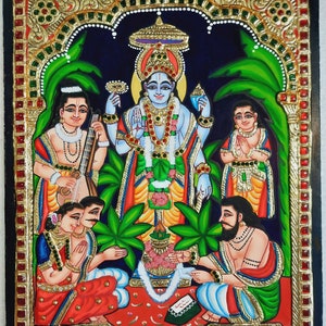 Satyanarayana Tanjore Painting with Frame 22K Gold Foils Teakwood Framed Painting Housewarming Gift Pooja Room Décor Ready to Ship image 6