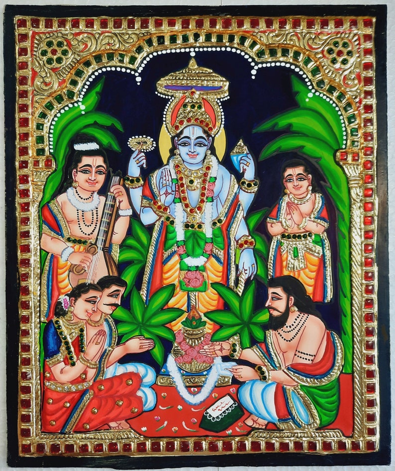 Satyanarayana Tanjore Painting with Frame 22K Gold Foils Teakwood Framed Painting Housewarming Gift Pooja Room Décor Ready to Ship image 6