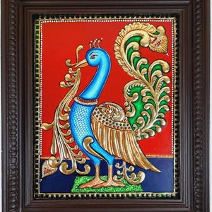 Peacock Tanjore Painting with Frame 22K Gold Foils Made Teakwood Framed Indian Gift Custom Size Painting / Made to Order