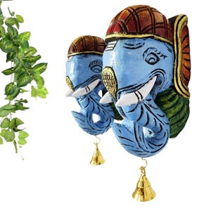 Elephant Head Wall Bracket Pair | 9&quot; Handmade Wooden Corbels with Brass Bells | Multicolor | Home Entrance & Living Room Decor | Set of 2