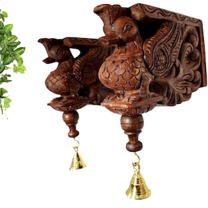 Wooden Wall Bracket Bodhil Pair | Antique Peacock Design with Brass Bells | Solid Wood Carved | Set of 2