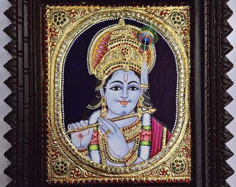 Pintura de Krishna Tanjore: oro de 22 quilates, marco de madera de teca y diamantes de imitación
