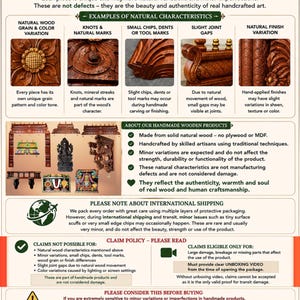 May include: An informational graphic titled IMPORTANT DECLARATION detailing characteristics of handmade solid wood products. It includes sections on natural wood variations, handmade product details, claim policies, and care icons.