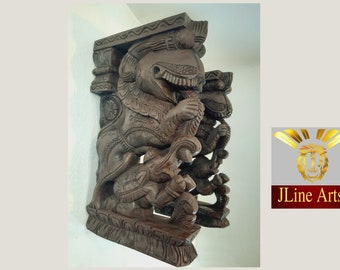 Wooden Yali Statue with Elephant Pair Wall Corbel Vintage Style Dragon Elephant Statue Temple Décor 2 Pcs Door Entrance Ready to Ship