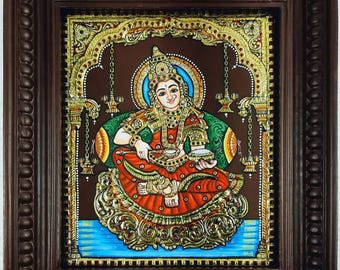 Annapoorani Tanjore Painting: 22K Gold Hindu Goddess Art