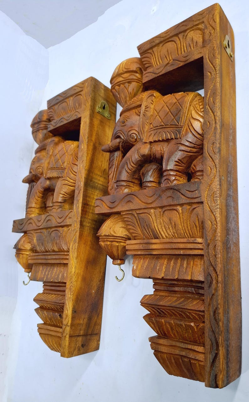 Wooden Elephant Wall Corbel Pair Teak Color Finish Brass Oil Lamps Wall