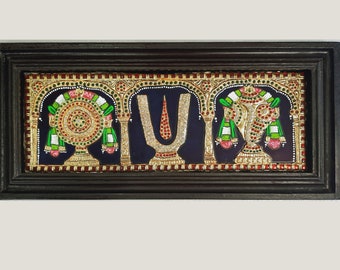 Sanku Chakram Namam Tanjore Painting with Framed 22K Gold Made Pooja Room Décor Indian Art Gift Ready to Ship