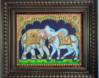 Tanjore painting Elephant and Cow Teakwood Framed Painting Housewarming Gift Pooja Room Décor Ready to ship global shipping now