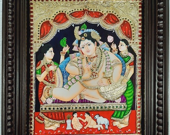 18" x 15" Butter Krishna Tanjore Painting with Frame, 22K Original Gold Foils, Teakwood Frame, Pooja Room Décor, Indian Gift, Free Shipping