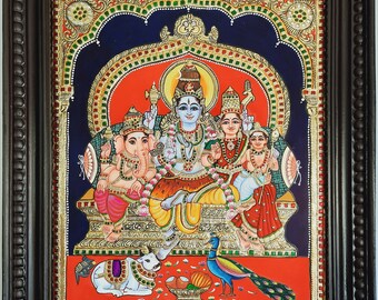 Tanjore Painting Shiva Family with Frame  23x19 Inches 22K Gold Foils Shiny Crystal Rhinestones Quality Frame Indian Art Gift Ready to Ship