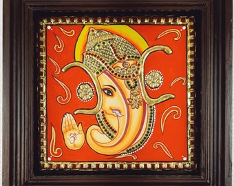 22K Gold Ganesha Tanjore painting with Frame, 10"x10", Auspicious Handmade Personalized Gift For New Home, Office, Wall Décor, Free Shipping