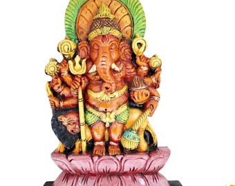 Wooden Drishti Ganesha Wall Hanging 18 Inch Solid Country Wood Hindu Wall Decor