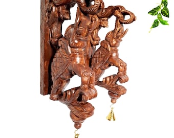 Wooden Elephant Wall Hanging Brackets 14 Inch | Handcrafted Corbels with Brass Bells
