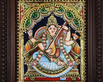 Saraswathi Tanjore Painting with Frame 22K Gold Foils Made Teakwood Framed Indian Gift Custom Size Painting / Made to Order