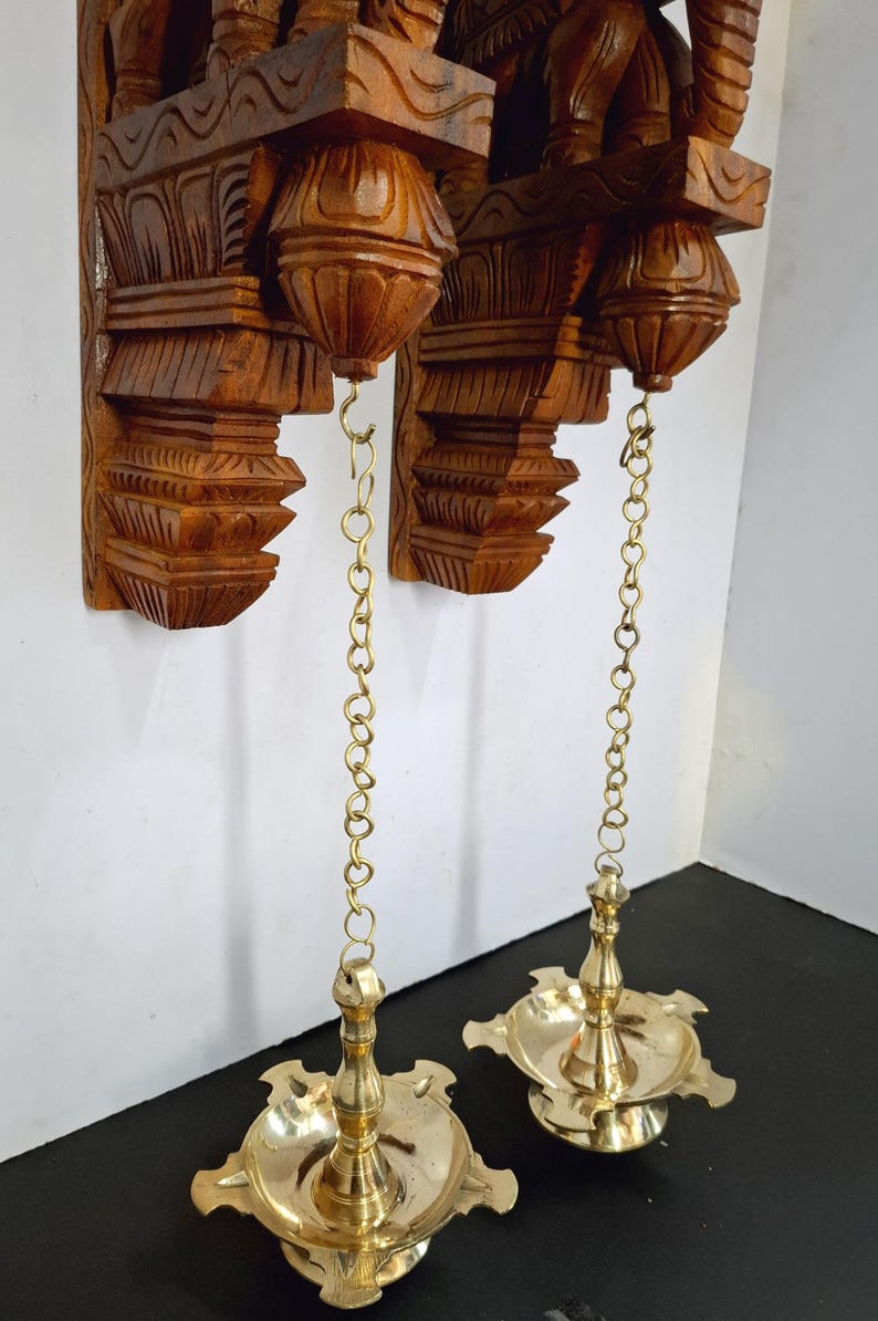 Wooden Elephant Wall Corbel Pair Teak Color Finish Brass Oil Lamps Wall