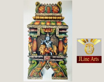 Krishna Statue Kavadi Wall Panel Hindu God Wooden Wall Hanging Sculpture Temple Gopuram Puja Pooja Home Decor 2 Feet Ready to Ship