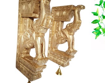 Wooden Elephant Wall Hanging Brackets 12 Inch | Handcrafted Corbels with Brass Bells
