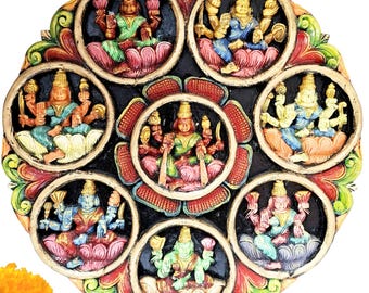 Ashtalakshmi Wooden Wall Panel 24 Inches Handmade Wall Hanging Country Wood Decor
