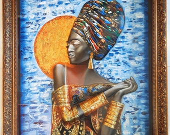 36 x 29 Inches Super Embossed  / 3D Large African Beauty Painting with Frame,  Handmade Artwork, 22K Gold Foils Used, Free Shipping USA UK